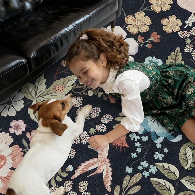 DCX Vintage Floral Washable Area Rug 6x9, Non Slip Low Pile Rug, Black | Rugs for bedroom, living room, dining room, office, soft, kid & pet friendly, sain resistant indoor carpet, home decor