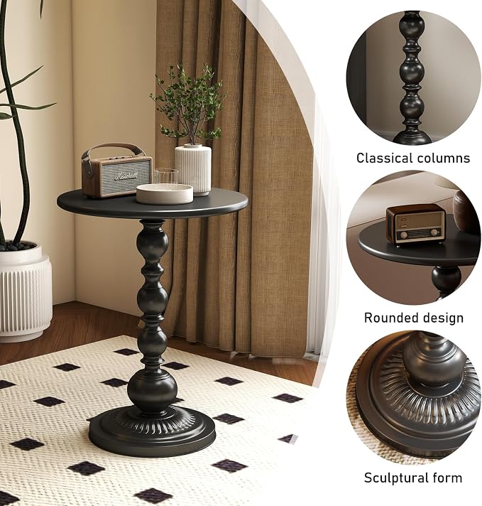 Funecy Metal Small End Table,Vintage Matte Black Round Side Table Nightstand for Bedside or Sofa,Small Accent Pedestal Table for Living Room Corners Bedroom Patio and bar (Matte Black)