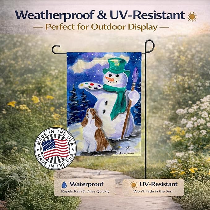 Caroline's Treasures SS1002GF English Springer Spaniel with Artist Snowman Garden Flag Mailbox Flag Decorative Yard Flag Banner Outside Patio Artwork Yard Flower Beds, Garden Size, Multicolor