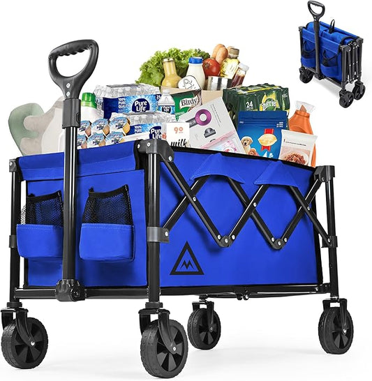 Wagon Cart Shopping Cart Large Capacity Collapsible Wagon with Wheels On Beach Garden Outdoor Utility Carts for Grocery All Terrain Portable Wagons Carts for Groceries Sand Camping Sports Blue