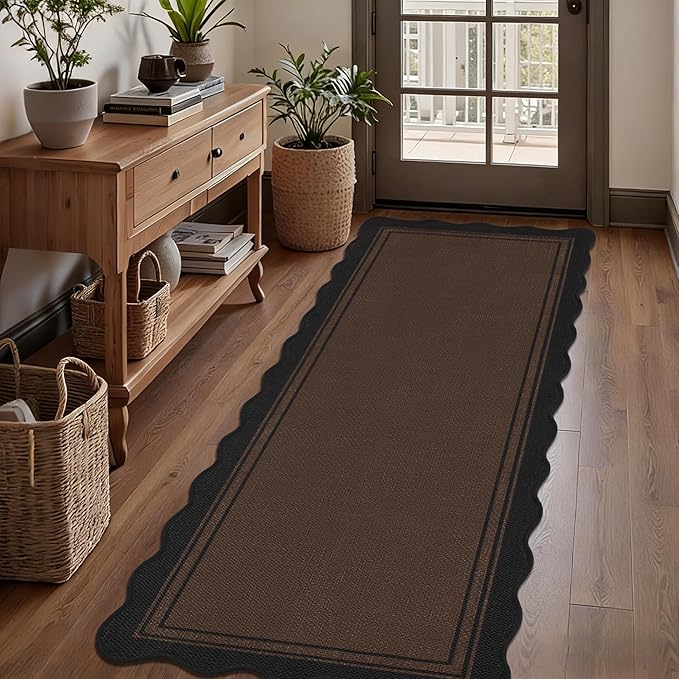 Easy Jute Kitchen Runner 2x6 Kitchen Runner Rug Washable Non Slip Outdoor Rug for Entryway Farmhouse Neutral Low Pile Scalloped Carpet for Hallyway Proch Doorway