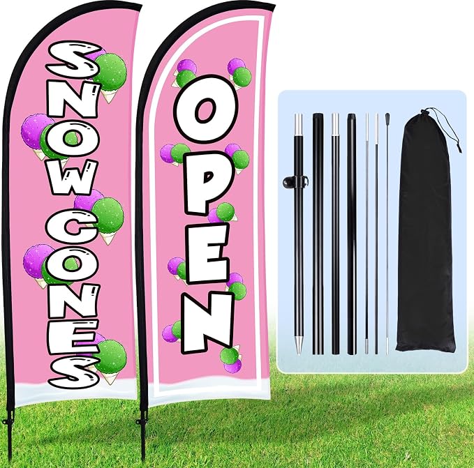 Buryeah 2 Sets Snow Cones Open Feather Flag for Business Advertising 8 ft Feather Flag Sign with Flagpole Ground Stake Portable Bag Snow Cones Banner with Rope for Outside Garden Park Party (Pink)