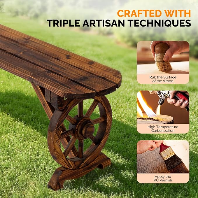 VINGLI Rustic Wooden Wheel Bench Outdoor Bench, Patio Bench Wagon Slatted Seat, Garden Benches for Outdoors 350lbs High Capacity, Weather Resistance (Rustic, 46in)
