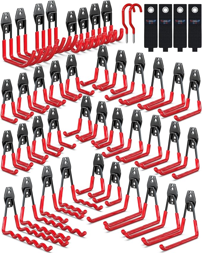 3-H Garage Wall Hooks 46 Pack,Garage Hooks Heavy Duty,Garage Storage Hooks for Hanging and Organizing Garden,Lawn,Yard Tools,Chairs,Ladders,Weed Eater,Shovel,Blower(Red)