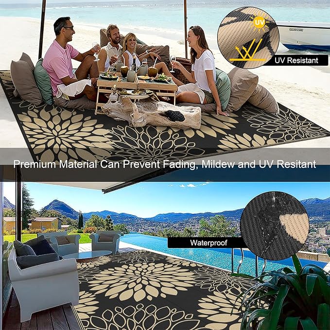 Ileading Waterproof Outdoor Rug 5x8, Reversible Plastic Straw Patio Rug, Portable Indoor Outdoor RV Camping Mat Carpet for Deck, Porch, Balcony, Backyard, Picnic, Floral Black