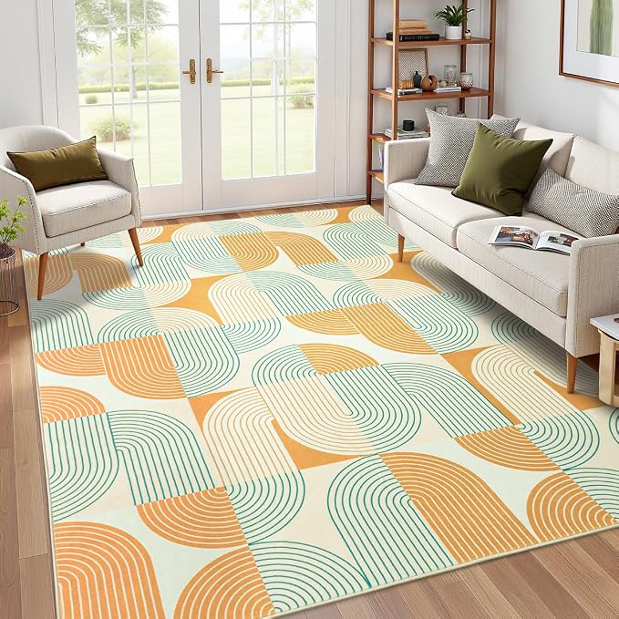 5x7 Washable Area Rugs for Living Room, Non Slip Boho Modern Rug | Stain Resistant, Soft Carpet Indoor Floor Carpets for Bedroom Dining Room Farmhouse Nursery Hallway Home Office, Orange