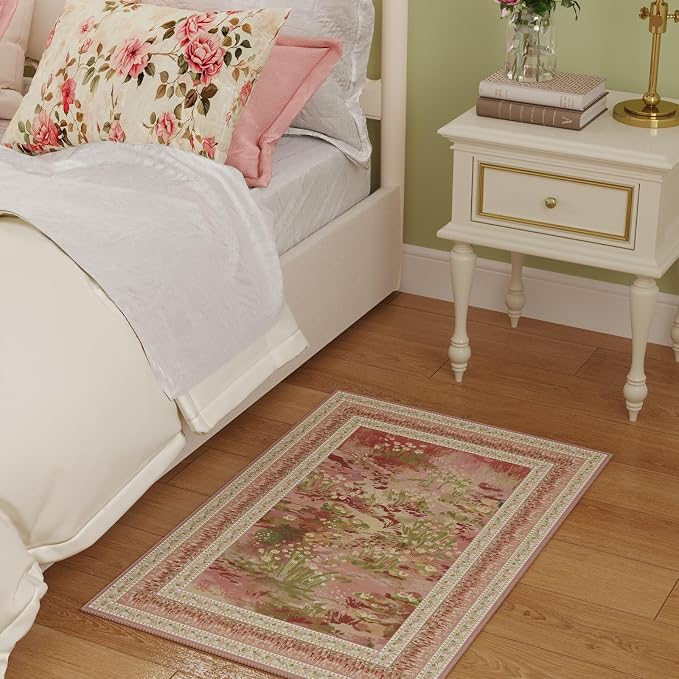 Rugcomf 2x3 Rug Impressionist-Style Vintage Indoor Door Mat Machine Washable Small Area Rug Non-Slip Low Pile Throw Rugs for Entryway Kitchen Front Door Indoor Entrance Entry Kids Room, Pink