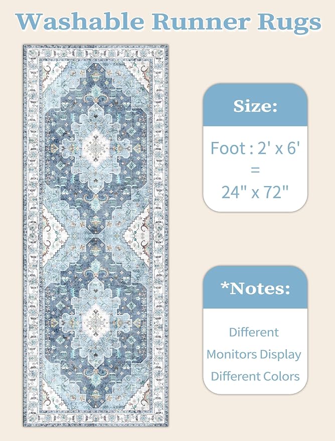 SERISSA 2x6 Washable Non Slip Boho Runner Rug for Hallway | Ultra Soft Vintage Oriental Carpet Low-Pile Distressed Blue Floor Carpet for Kitchen Bedroom Bathroom Laundry Living Room