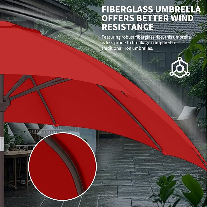 Kingdura 9FT Outdoor Patio Umbrella, Round Market Table Umbrella with Push‑Button Tilt and Crank Lift, 8 Sturdy Metal Ribs, UV50+ Protection Canopy for Backyard, Lawn, Deck, Poolside, Garden (Red)
