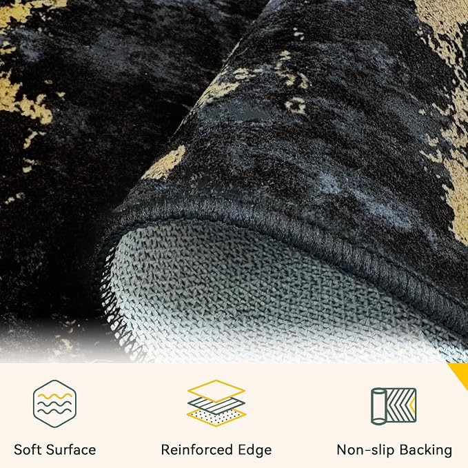 RELEANY Washable Runner 3'x6' Abstract Area Rug for Hallway Black Gold | Carpet for Kitchen, Entryway, Bathroom, Living Room, Bedroom, Printed Pattern, Non‑Slip, Soft, Stain‑Resistant, Easy to Clean