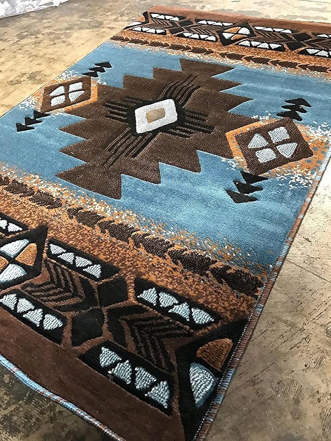YHSF Southwest Native American Area Rug – Thick, Soft, Durable & Easy to Maintenance Tribal Design Boho Rug– Ideal for Bedroom, Living Room & Hallway - Blue-Brown, 2 Feet 4 Inches x 10 Feet 11 Inches