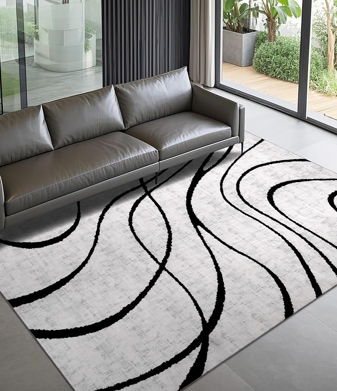Modern Area Rugs for Bedroom,5x7 Washable Black and White Rug, Thin Abstract Geometric Minimalist Striped Rug, Black Rugs for Bedroom,Kitchen,Dining Room Office
