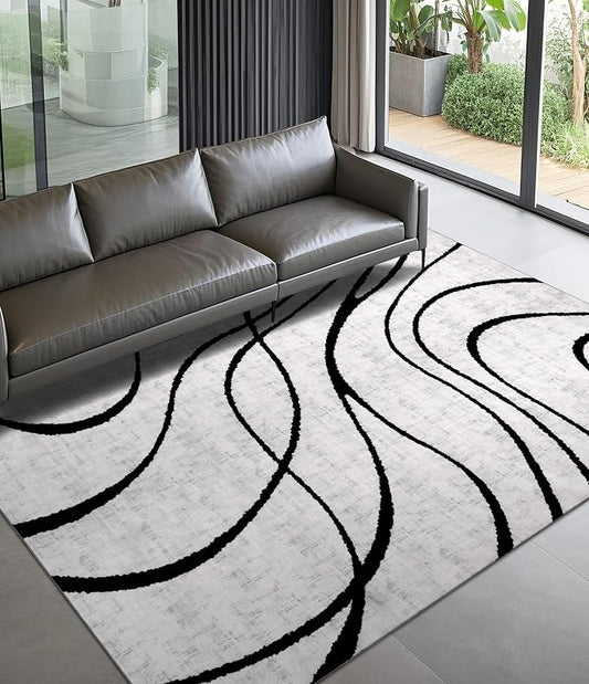 Modern Area Rugs for Bedroom,5x7 Washable Black and White Rug, Thin Abstract Geometric Minimalist Striped Rug, Black Rugs for Bedroom,Kitchen,Dining Room Office