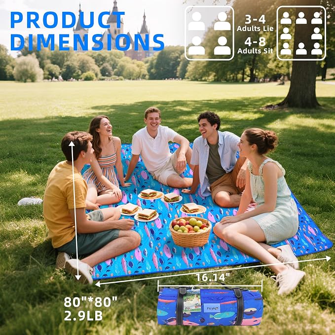 Picnic Blanket, 80x80 Inches, White Fish Pattern, Double Thickened with 150g Cotton, Portable Foldable with Leather Carry Strap