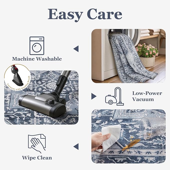 Blue Gray Living Room Rug 6x9, Washable Non Slip Transitional Medallion Rug for Dining Room Under Table, Modern Vintage Distressed Low Pile Thin Carpet Rugs for Den Bedrom Home Office