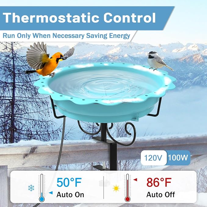 Heated Bird Baths for Outdoors, 100W Heated Bird Bath for Deck Railing, Heated Birdbath with Thermostat Control, Heated Bird Bath for Outside Winter Garden Patio Yard (Blue)