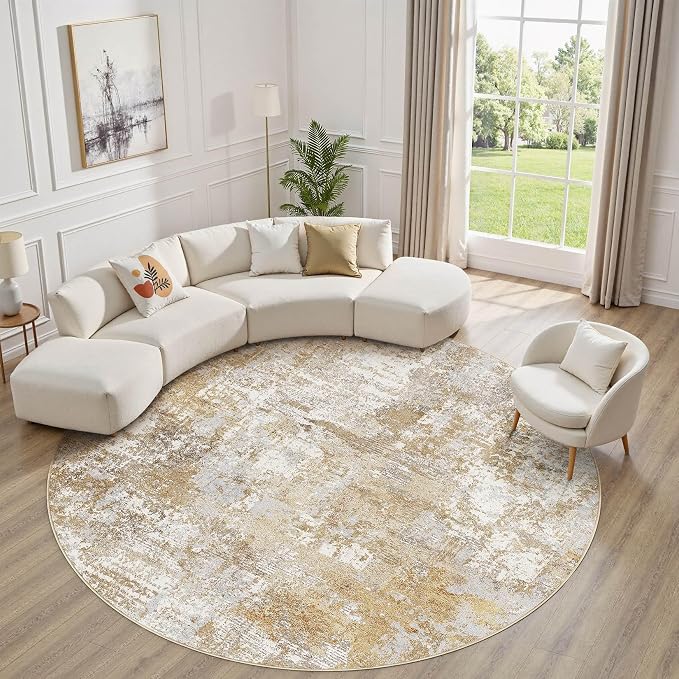 Tortania Washable 8' Round Area Rug for Living Room: Modern Abstract Neutral Large So' Thin Rugs - Non Slip Indoor Carpet for Bedroom Dining Room Office Nursery Home Floor Decoration - Brown Grey