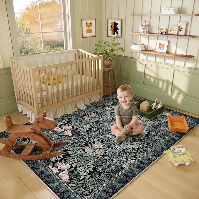Washable Area Rugs 5x7 Black Green Vintage Floral Botanical Pattern,Perfect for Living Room, Bedroom, Kids Room, Nursery - Stain & Water Resistant Non-Slip, Pet & Child Friendly/Bedroom Decor