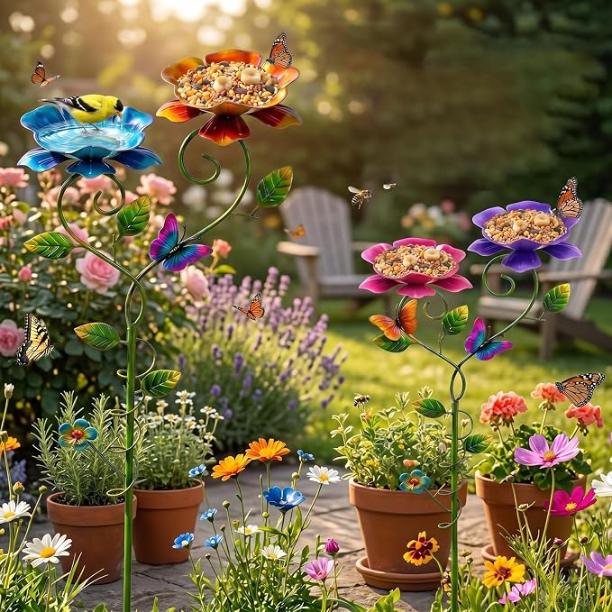2 Pack Bee Watering Station, 3D Colorful Metal Bee Bath for Garden, Butterfly Feeder with Flower Design, Anti-Drowning Bee Watering Feeder Cups for Outdoor Yard Lawn Patio Decor