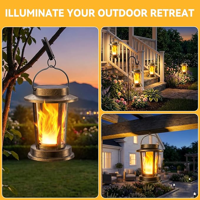 Solar Lanterns Outdoor Waterproof, Upgraded Flickering Flame Solar Lights Outdoor, Solar Powered Lanterns Decorative, Hanging Solar Lantern for Garden Yard Patio Path Porch Tree Decor 4 Pack(Copper)