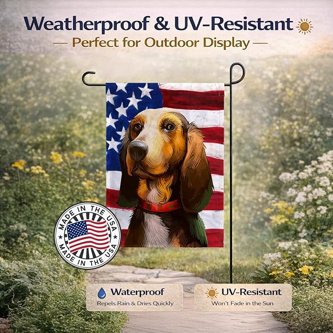 Caroline's Treasures CK6464GF Bruno Jura Hound Dog American Flag Garden Flag Mailbox Flag Decorative Yard Flag Banner Outside Patio Artwork Yard Flower Beds, Garden Size, Multicolor