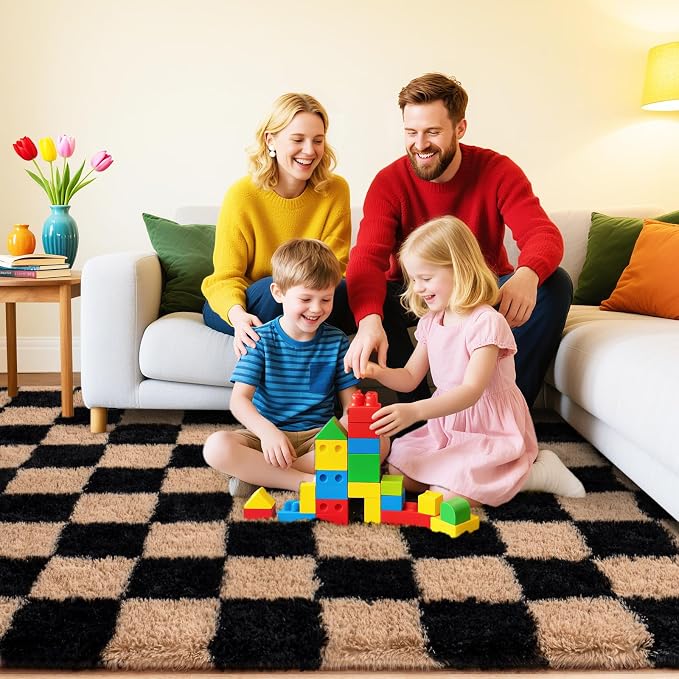 Checkered Rug 9x12 for Living Room, Ultra Fluffy Fuzzy Shag Large Area Rug for Bedroom, Modern Plush Soft Upgrade Non-Slip Carpet for Kids Girls and Boys Room Dorm Home Decor, Black and Beige