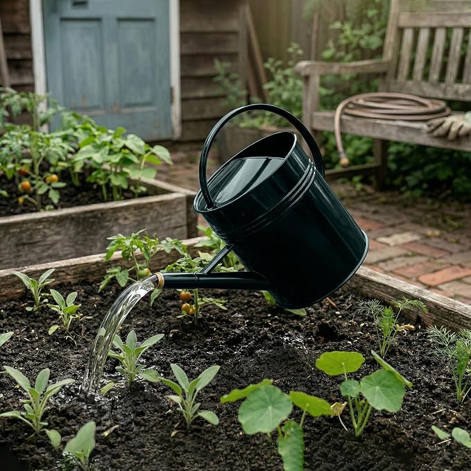 ‌2.5-Gallon Metal Watering Can,9.5L Large Galvanized Watering Can for Outdoor Plants with Removable Long Spout and Golden Handle