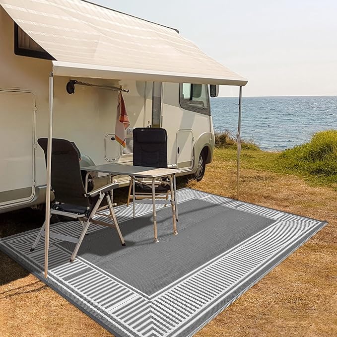 9x12 Outdoor Rug Waterproof Foldable Plastic Straw Carpet for Patio Porch Modern Striped Reversible Mat Border Lightweight Floor Mat for Picnic, Rv, Beach, Deck, Camper, Balcony，Grey/White