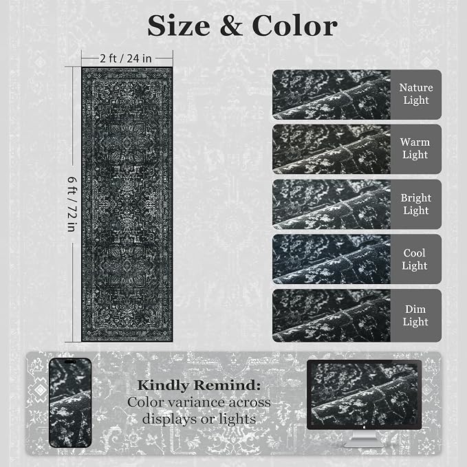 Dark Black 2x6 Runner Rugs for Hallway Entryway, Kitchen Runners Washable Non Slip Low Pile, Vintage Distressed Medallion Printed Rugs for Mudroom/Bedroom Bedside/Laundry Room/Bathroom