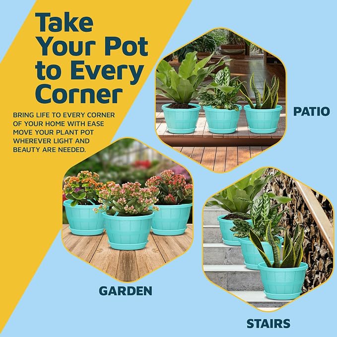 10-Inch Whiskey Barrel Planters Outdoor Pack of 5 - Durable Plastic Plant Pots for Indoor & Outdoor Use with Drainage & Saucer, Lightweight Rustic Barrel Planters for Flowers, Herbs & Small Plants