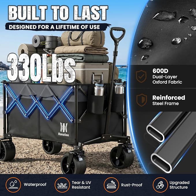 Navatiee 330Lbs Collapsible Folding Wagon, Beach Wagon Cart Heavy Duty Foldable with Big Wheels, Utility Grocery Wagon with 165L Large Capacity for Camping Garden Sports, Black