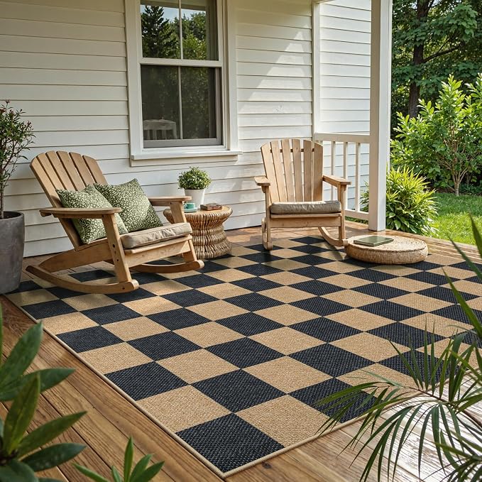 Lahome Checkered Easy Jute Area Rug, 5x7 Outdoor Patio Rug Washable Carpet for Living Room Checkerboard Indoor Outdoor Carpet, Farmhouse Geometric Non Slip Black Mat for Backyard Dining Room