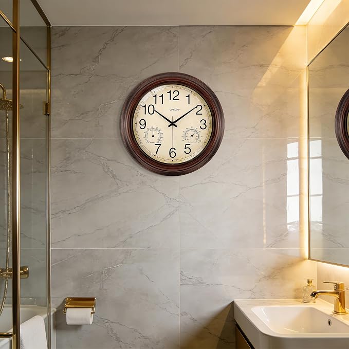 VIKMARI Indoor Outdoor Sealed Glass Clock Waterproof Silent Classic Quartz Clocks Thermometer and Hygrometer Combo Battery Operated Wall Clocks for Bathroom Patio Pool Wall Decor (12 Inch,Brown)