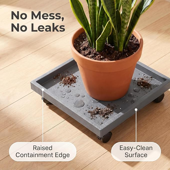 9.8 Inch Square Rolling Plant Caddy Saucer with Wheels, Heavy Duty Wheeled Planter Stand for Potted Plant, Coaster Roller Base Tray with Casters, Flower Pot Dolly Holder for Indoor Outdoor