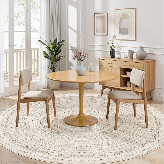 cotiled 8x8 Round Rug 8ft Circle Living Room Boho Area Rugs | Solve Modern Neutral Trendy Home Decor - Washable Foldable Indoor Carpet for Bedroom Home Office Brown Cream