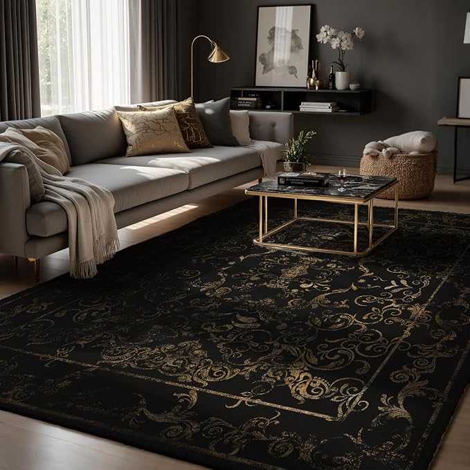 Nayoroom Black and Gold Baroque Area Rug, Machine Washable, 8 x 10 ft | Ornate filigree pattern; Symmetrical scroll border; Soft surface; Machine washable; Non-slip backing; Living room or bedroom