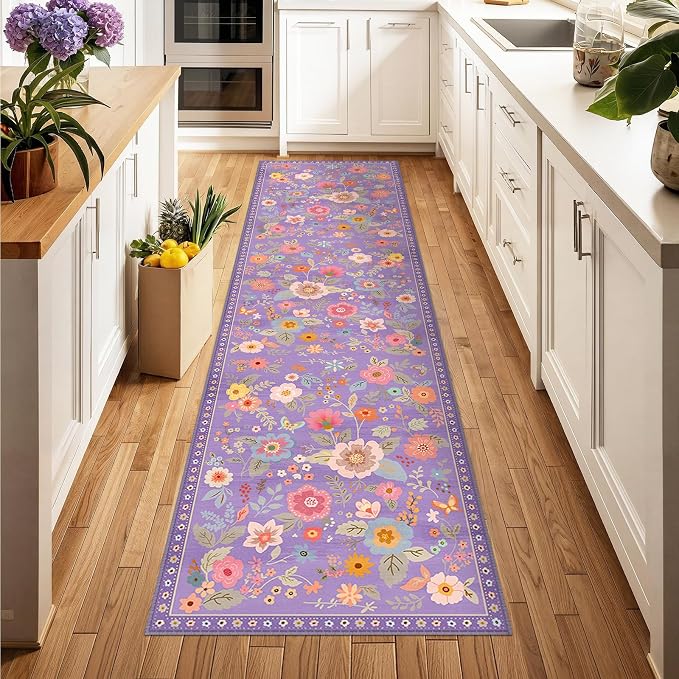Floral Washable 2x8 Area Rugs Runner Entryway Hallway Purple/Pink | Flower Carpet, Print, Boho, Non-Slip, Easy to Clean, Low Pile, Soft, for Living Room Bedroom Kitchen Office Entrance