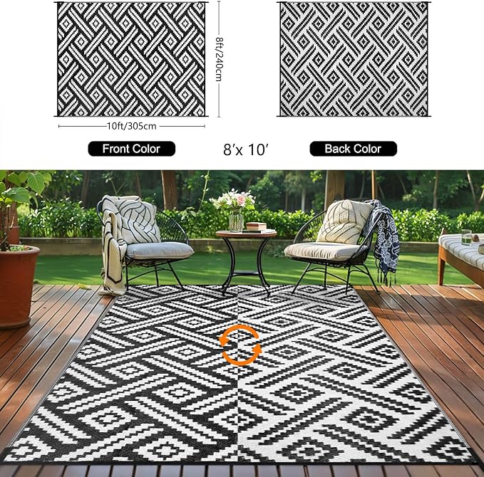 Outdoor Patio Plastic Straw Rug - 8x10 ft Outdoor Camping Rug Waterproof Reversible, Area Carpet Patios RV, Outside Porch Balcony Deck for Camper, Moden Black White