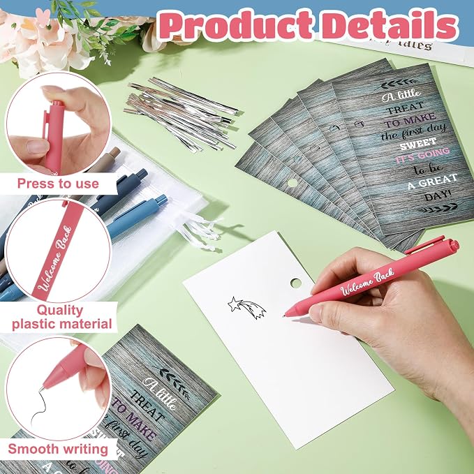 Marspark 30 Set Rustic Wood Welcome Back to School Gifts Bulk Ballpoint Pens and Greeting Cards Set with Bags Twist Ties First Day of School Gifts for Teacher Student Classroom Party Favors Supplies