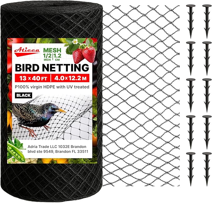 ATICCA Heavy Duty Bird Netting for Garden Protection & Fruit Trees, 13x40 Ft with 10 Stakes – Black Anti-Bird Net for Poultry, Deer, & Squirrel Protection, Durable Mesh for Garden and Yard Use