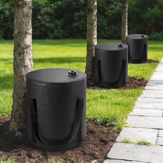 HIRALIY 15 Gallon Cylindrical Tree Watering Bag, 3 Pack Black, Slow Release 1-5 Days, Deep Root & Automatic Drip Irrigation System, for Multi-Trunk Newly Planted Small Trees and Shrubs