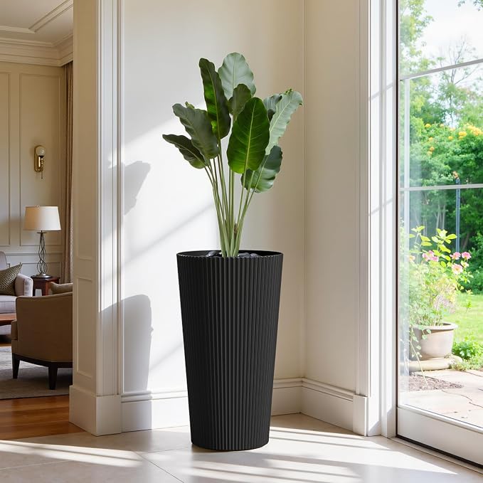 23.6" H Tall Planters for Outdoor Plants Set of 2 - Fluted Large Outdoor Planters for Front Porch Decor with Drainage Hole, Plastic Round Conical Flower Pots Fits Indoor Plants Patio, Black