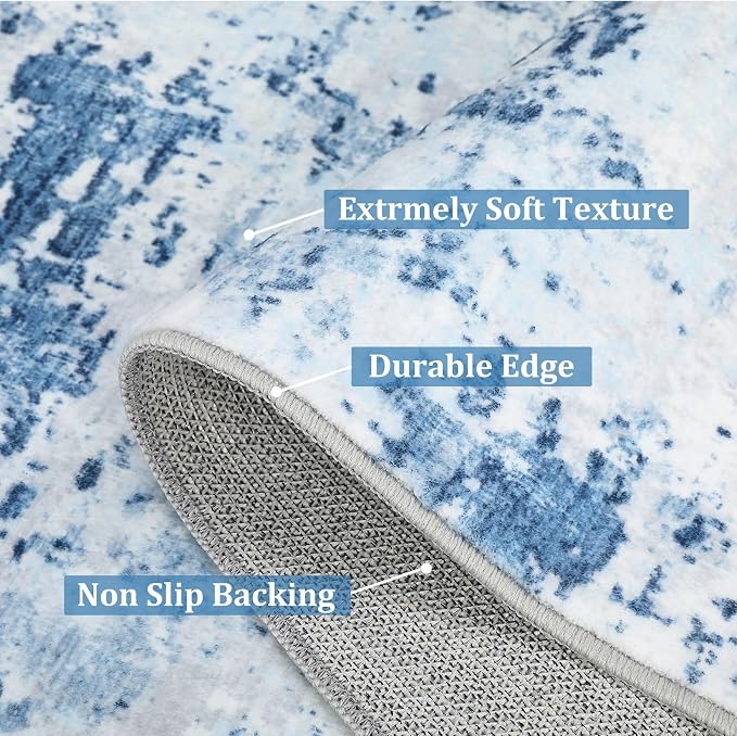 ROYHOME 2x6 Modern Abstract Runner Rug for Hallway Kitchen Bathroom, Blue | Non Slip Soft Stain Resistant Low Pile Machine Washable Non Shed Rug