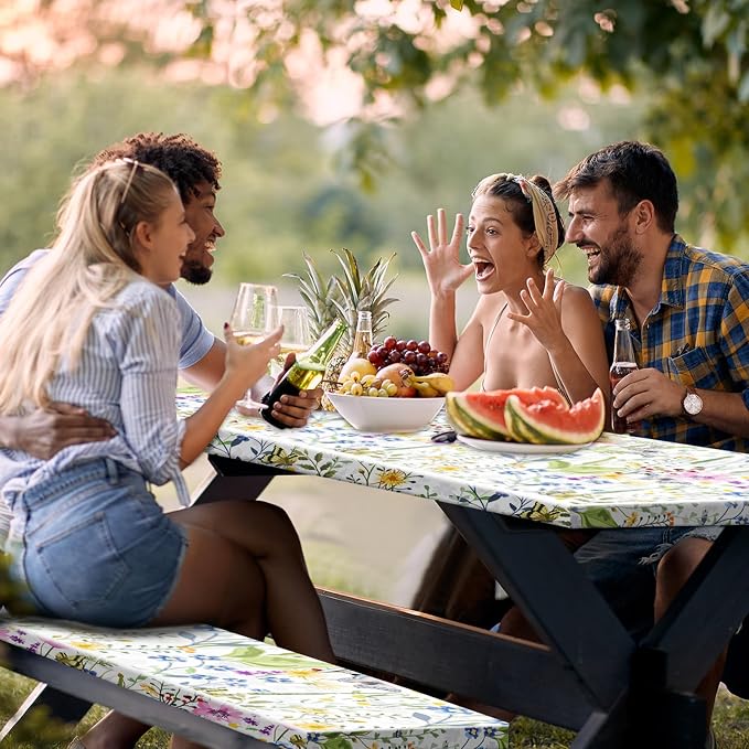 Boao 3 Pcs Vinyl Picnic Table Cover with Bench Cover 6 ft 30 x 72 Inch Waterproof Fitted Tablecloth Flannel Backing Rectangular Elastic Edged for Camping Outdoor Patio Travel(Wildflower)