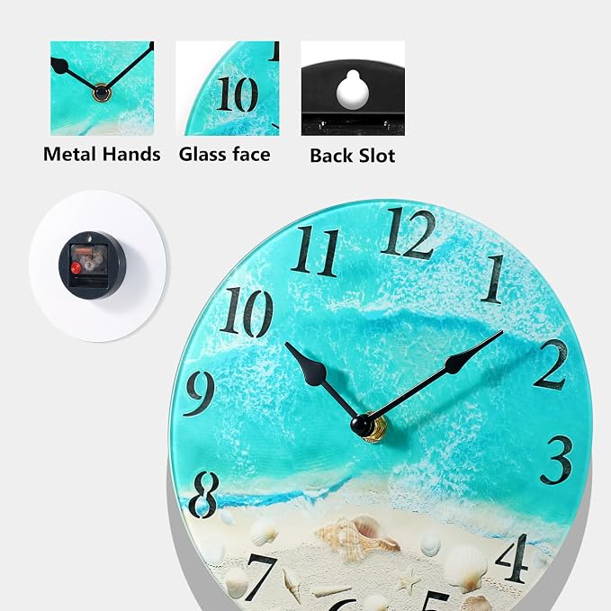 Coastal Nautical Glass Wall Clock with Seashell Design and Aesthetic Beach Theme - Battery Operated Silent Wall Decor for Home, Kitchen, Living Room, Office, Bedroom, or Bathroom (8 Inch,Teal)