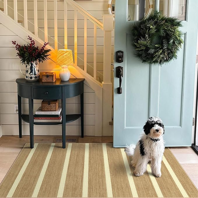 Striped 3x5 Entry Rug, Washable Indoor Outdoor Mats for Front Door | Non-Slip Porch Rug Tan Beige Cottage Farmhouse Small Rugs for Living Room Bedroom Entryway Kitchen Mudroom Office Porch Decor