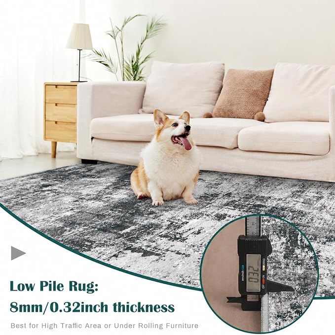 9x12 Area Rugs Washable Rug: Abstract Neutral Rugs Modern Non Slip Area Rug Stain Resistant Low Pile Indoor Carpet for Dining Room Bedroom Nursery Office (Black Grey, 9'x12')