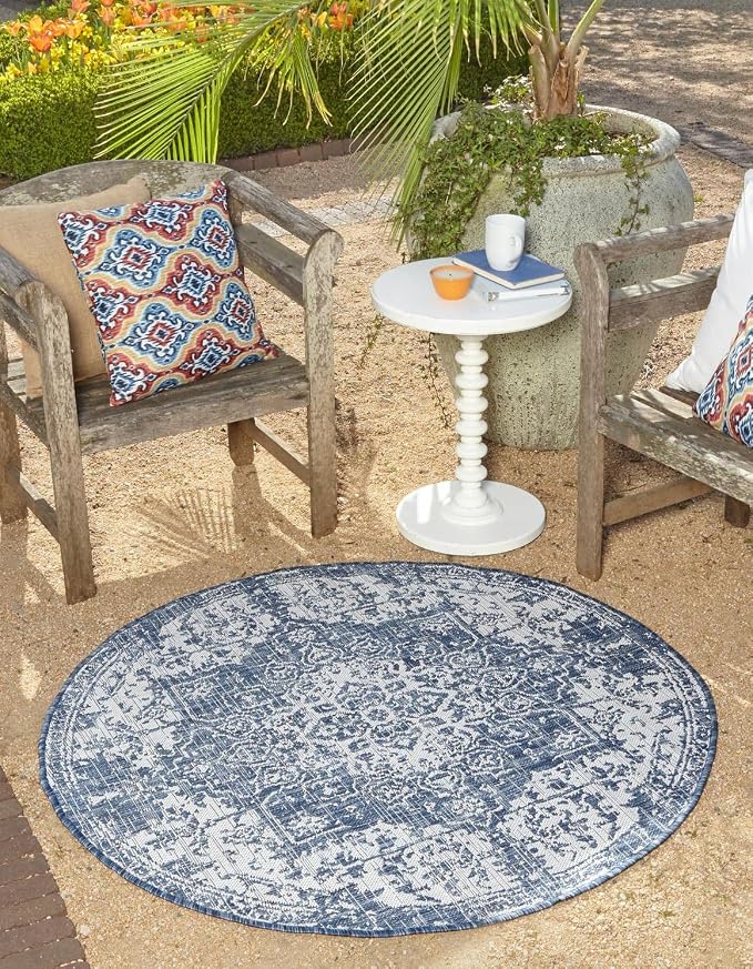 Unique Loom Jill Zarin Outdoor Collection Area Rug - Dubai (10' 8'' Round, Blue/ Ivory)