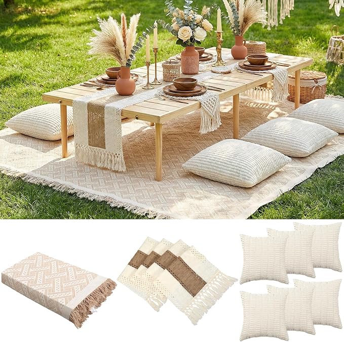 Beeveer Extra Large Outdoor Boho Picnic Blanket 91'' x 71'' Beige White Table Runner 6 Throw Pillow Cover Woven Cotton Yarn Oversize Beach Blanket Washable for Picnic Camp Wedding