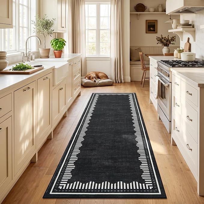 Garvee Washable Hallway Runner Rug 2x6 Non Slip Neutral Scalloped Runners | Black Low Pile Stain Resistant Kitchen Runner Mat Solid Color Modern Geometric Living Room Bedroom Nursery Entry Area Rugs